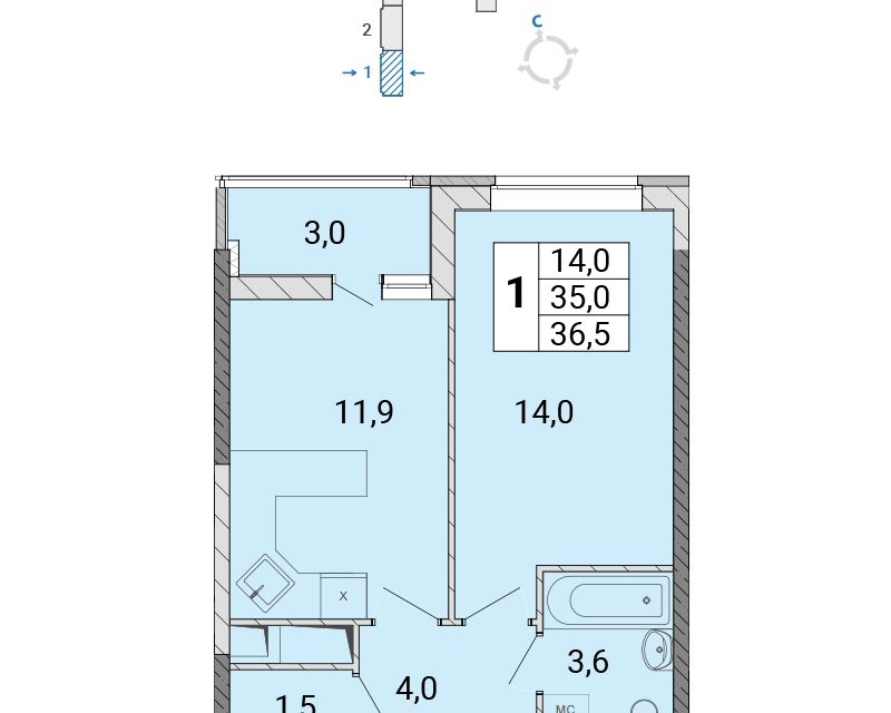 Продаётся 1-комнатная квартира, 36.3 м²