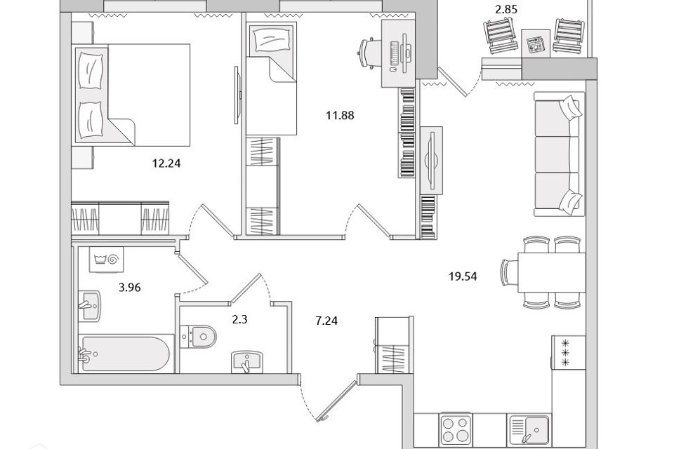 Продаётся 2-комнатная квартира, 57.16 м²
