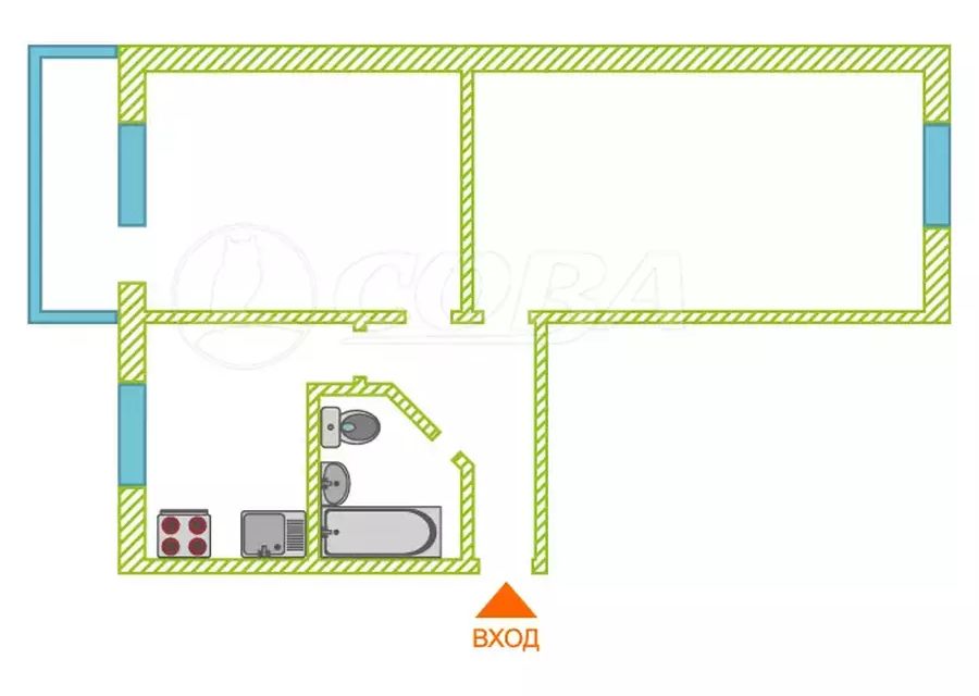 Продаётся 2-комнатная квартира, 43.6 м²