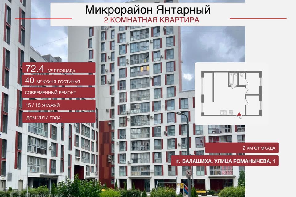 Продаётся 2-комнатная квартира, 72.4 м²