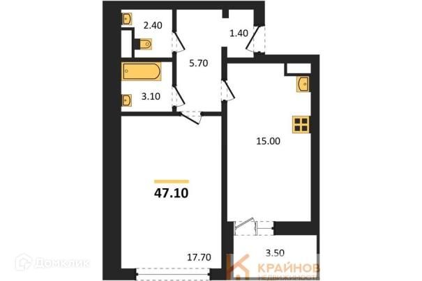 Продаётся 1-комнатная квартира, 47.1 м²