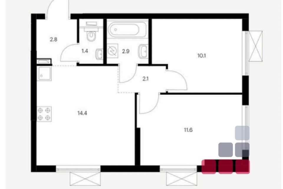 Продаётся 2-комнатная квартира, 45.3 м²