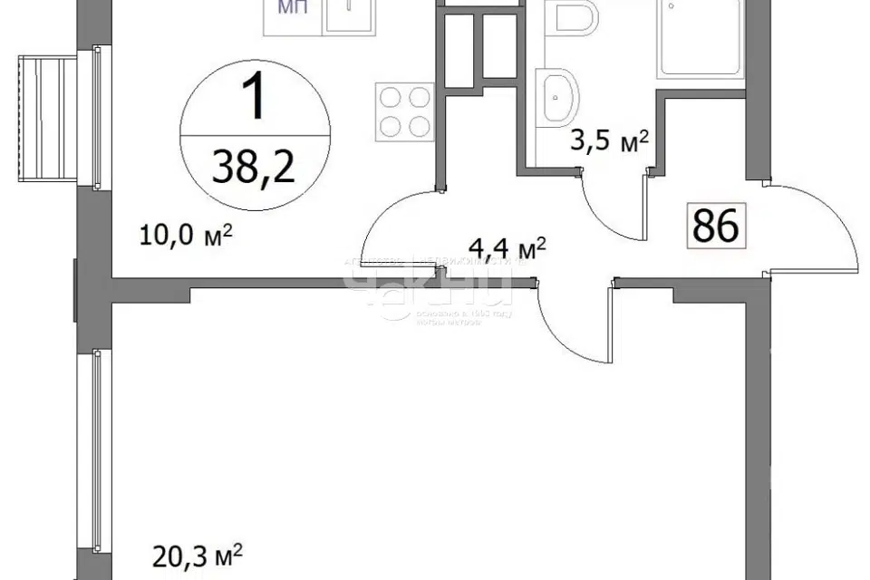 Продаётся 1-комнатная квартира, 38.2 м²