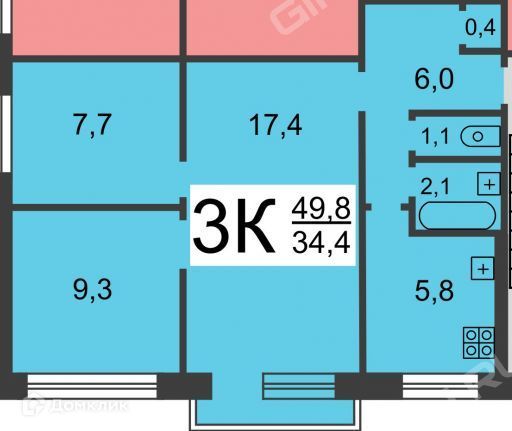 Продаётся 3-комнатная квартира, 49.8 м²