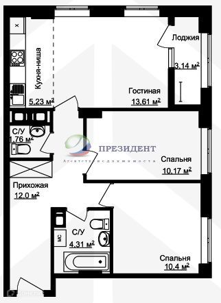 Продаётся 2-комнатная квартира, 60.6 м²