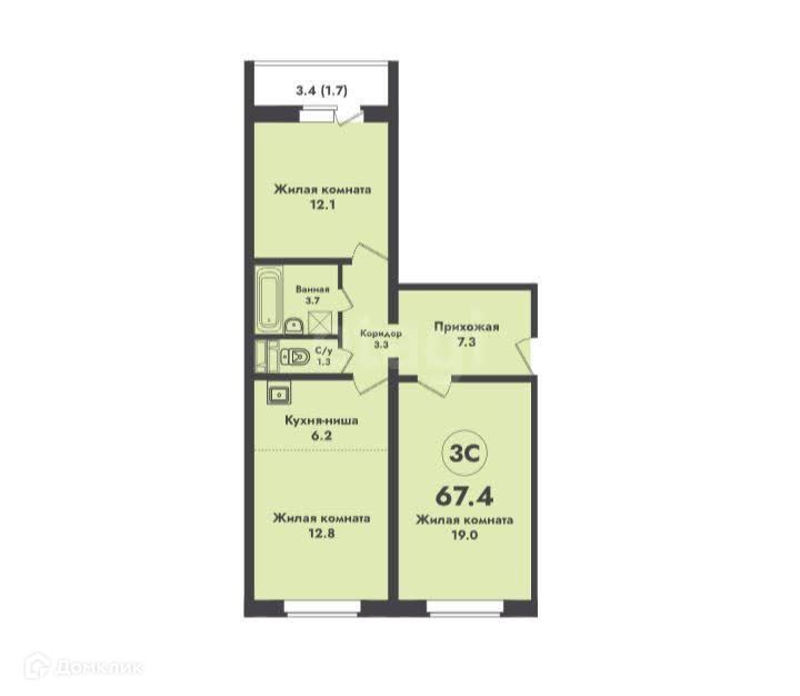 Продаётся 2-комнатная квартира, 67.4 м²