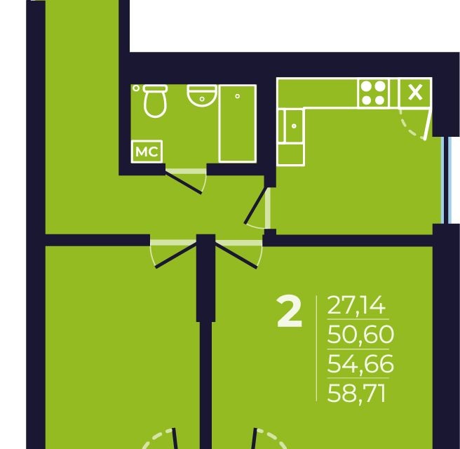 Продаётся 2-комнатная квартира, 54.5 м²
