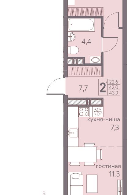 Продаётся 2-комнатная квартира, 43.9 м²