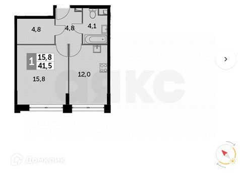 Продаётся 1-комнатная квартира, 41.5 м²