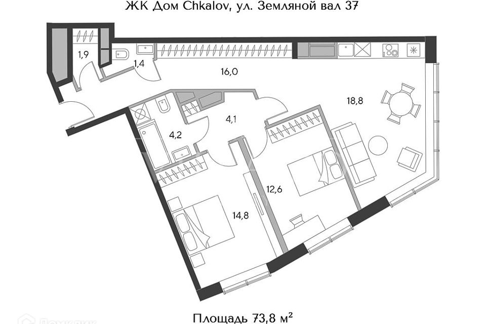 Продаётся 2-комнатная квартира, 73.8 м²