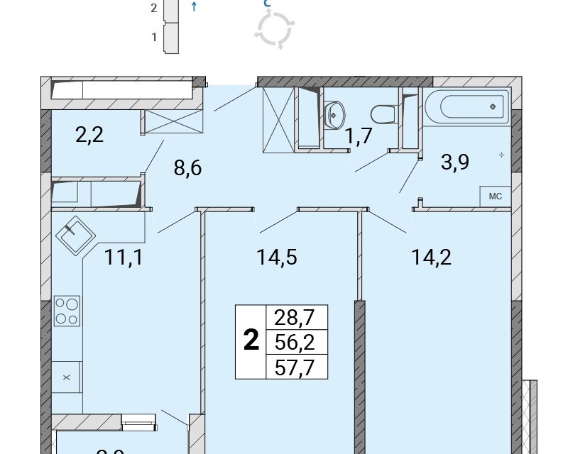 Продаётся 2-комнатная квартира, 57.8 м²