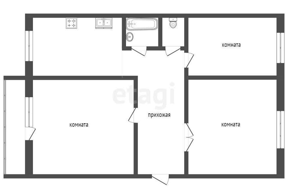 Продаётся 3-комнатная квартира, 55.1 м²