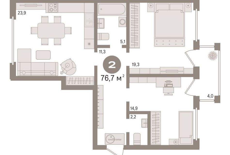Продаётся 2-комнатная квартира, 76.7 м²