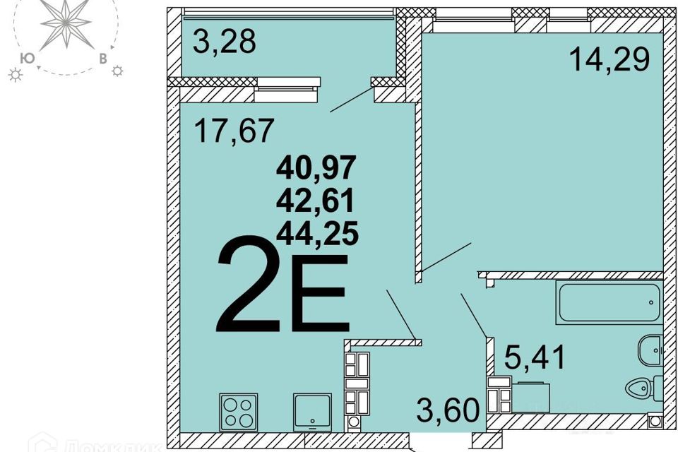 Продаётся 1-комнатная квартира, 42.2 м²