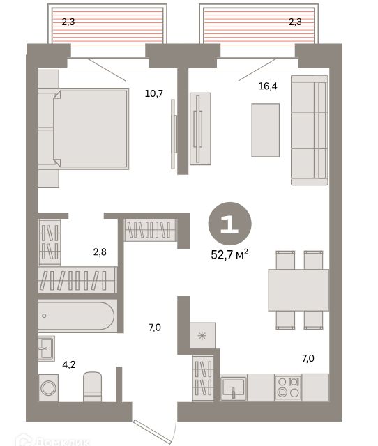 Продаётся 2-комнатная квартира, 52.7 м²