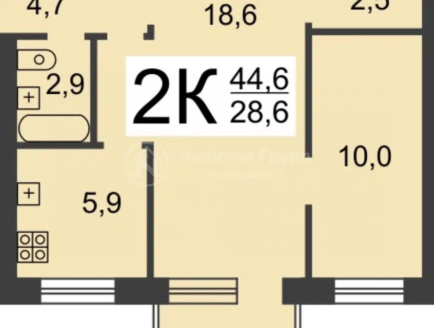 Продаётся 2-комнатная квартира, 44.6 м²