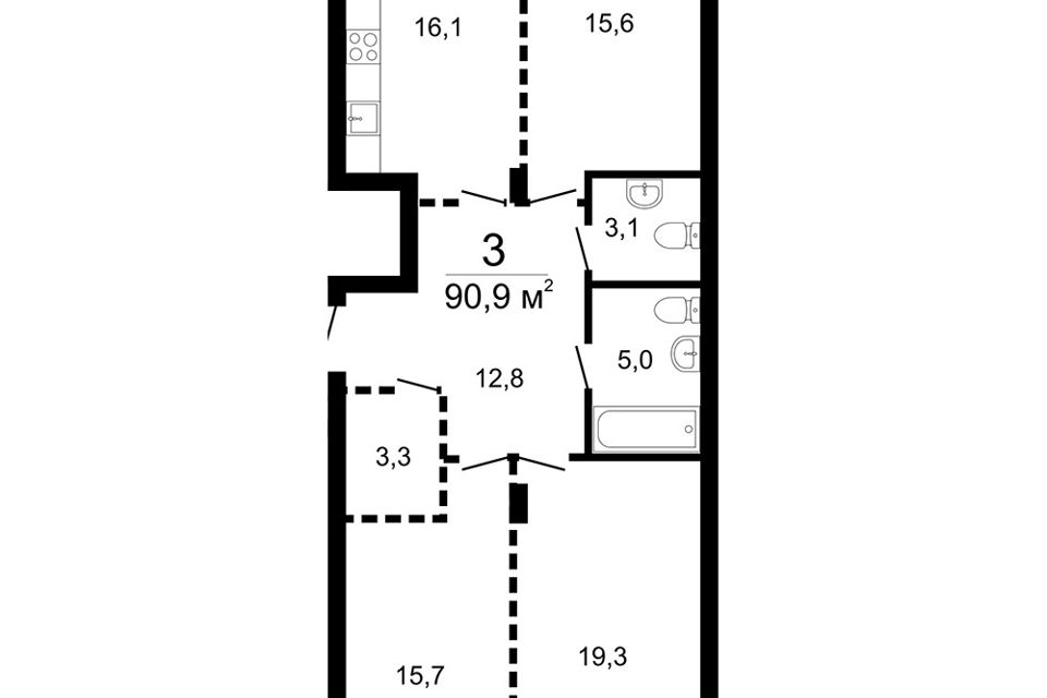 Продаётся 3-комнатная квартира, 91.1 м²