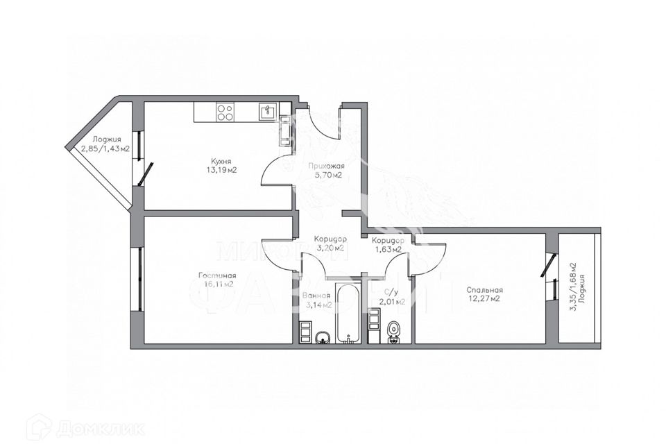 Продаётся 2-комнатная квартира, 60.36 м²
