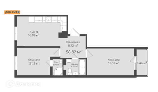Продаётся 2-комнатная квартира, 58.9 м²