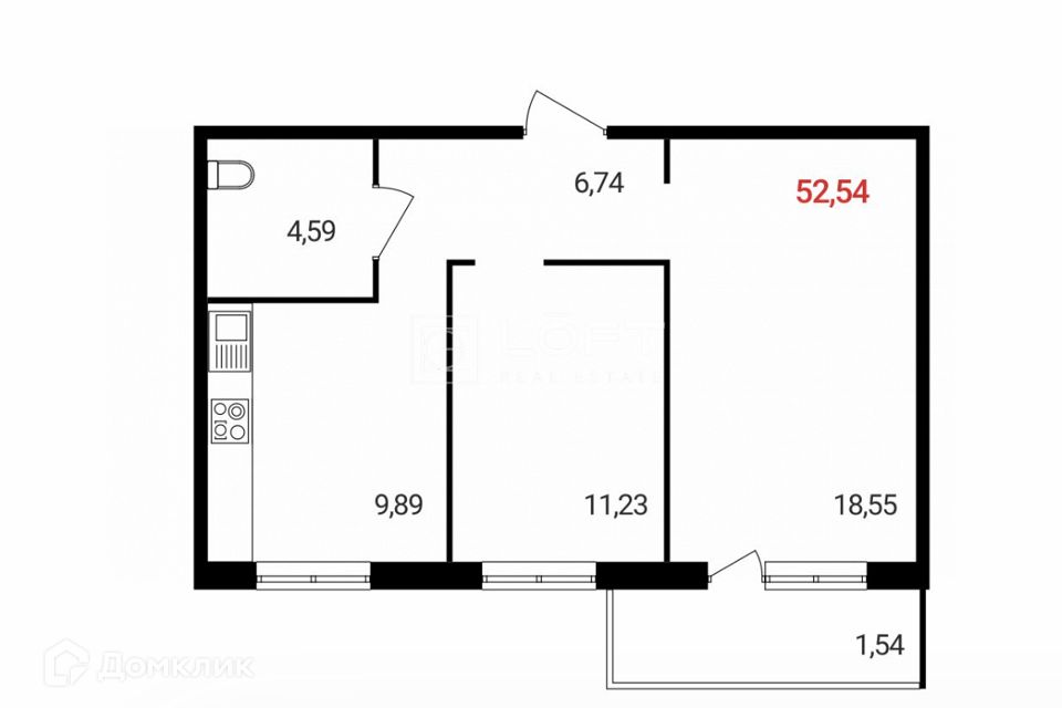 Продаётся 2-комнатная квартира, 52.54 м²