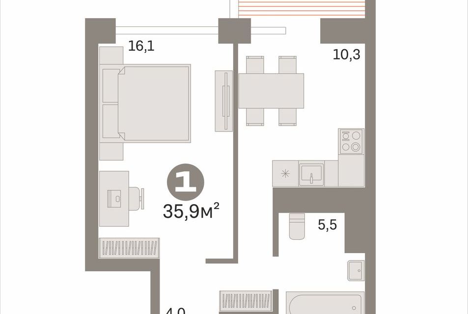 Продаётся 1-комнатная квартира, 35.9 м²