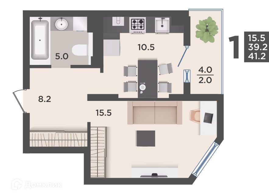 Продаётся 1-комнатная квартира, 41.2 м²