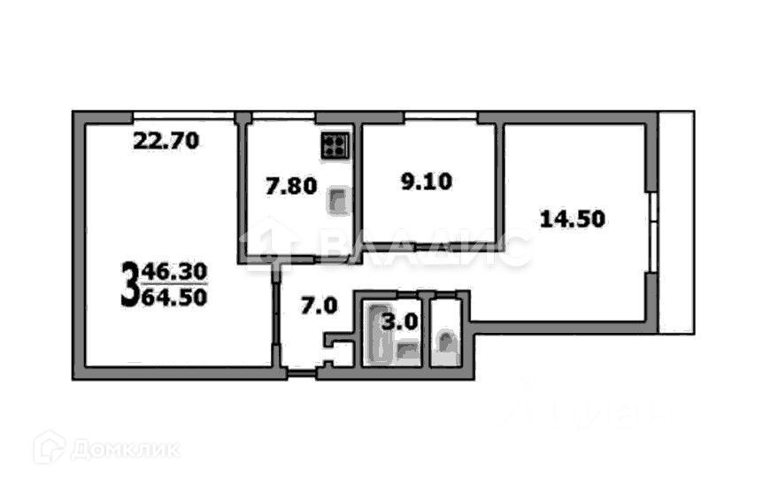 Продаётся 3-комнатная квартира, 65 м²