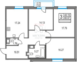 Продаётся 3-комнатная квартира, 89.79 м²