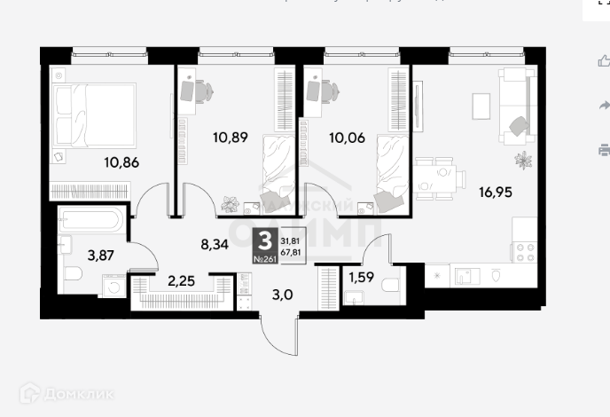 Продаётся 3-комнатная квартира, 67.81 м²