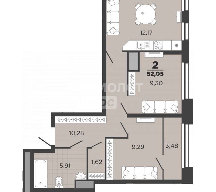 Продаётся 2-комнатная квартира, 52.05 м²