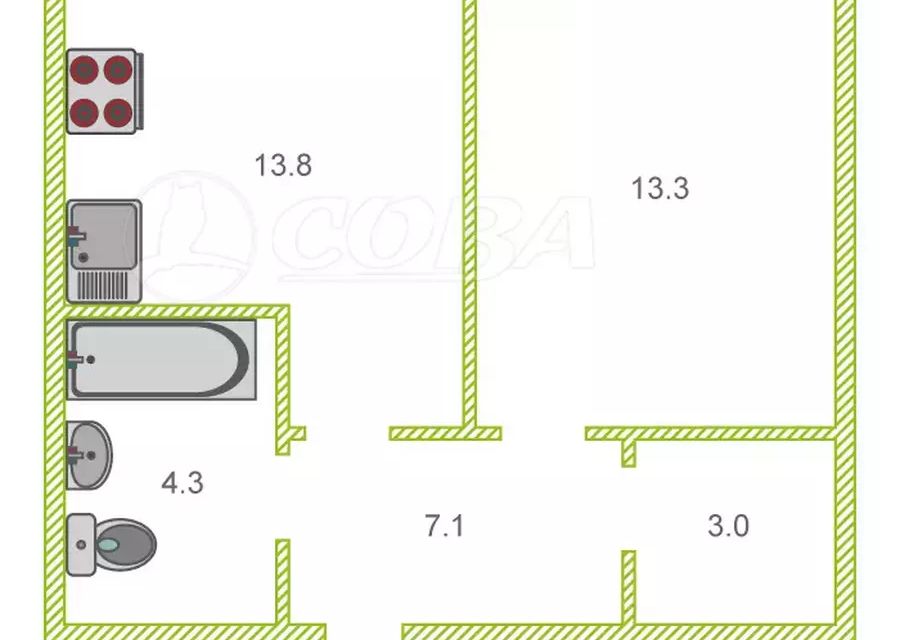 Продаётся 1-комнатная квартира, 42 м²