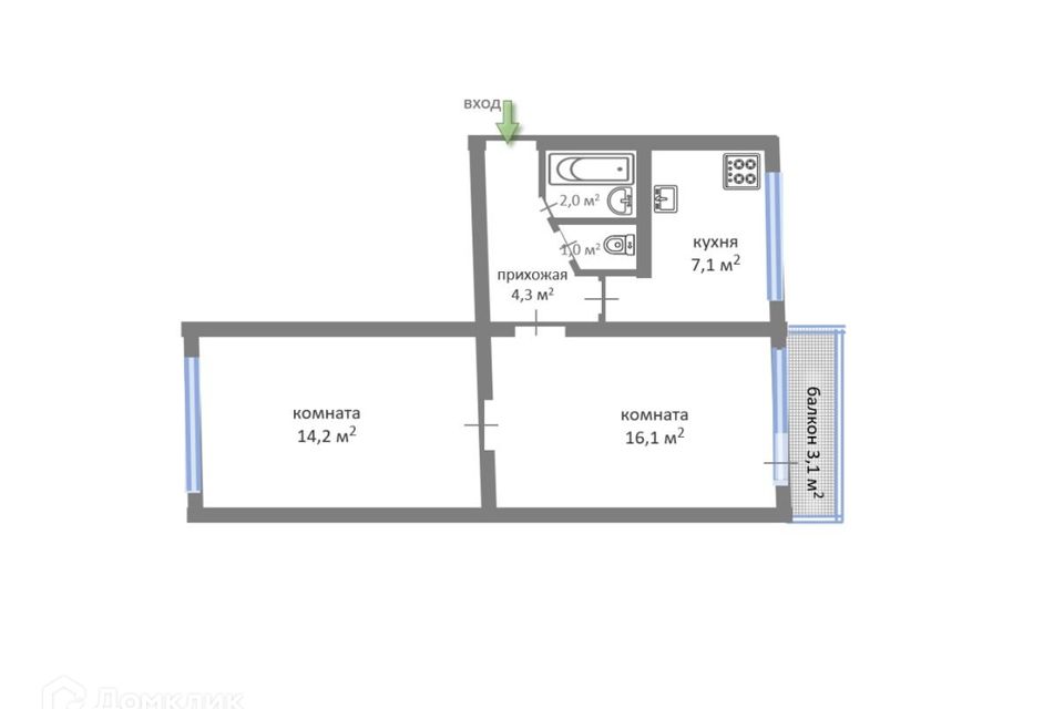 Продаётся 2-комнатная квартира, 44.5 м²