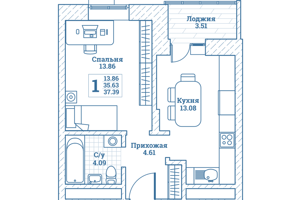 Продаётся 1-комнатная квартира, 37.4 м²