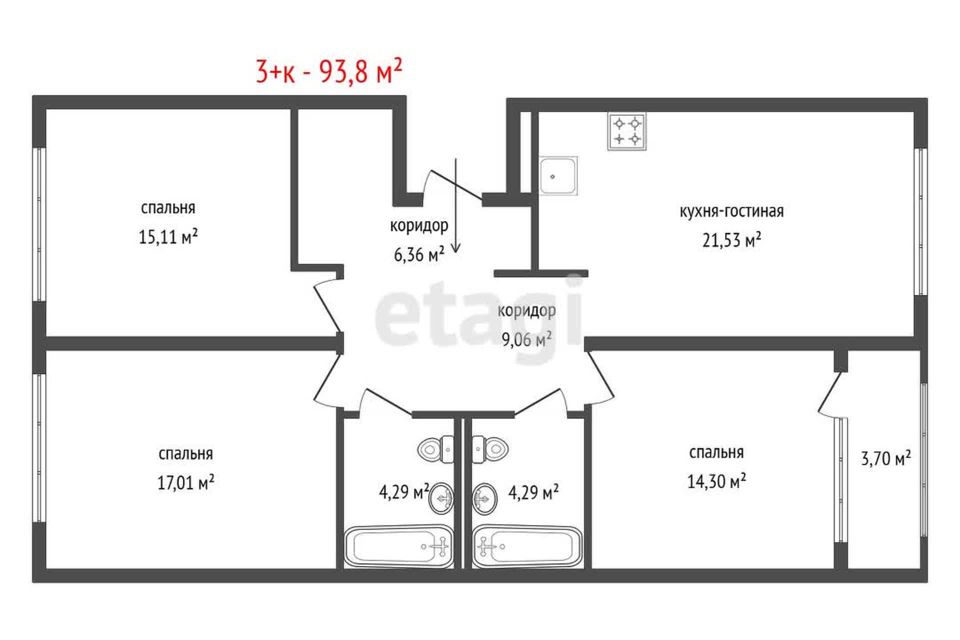 Продаётся 3-комнатная квартира, 93.8 м²