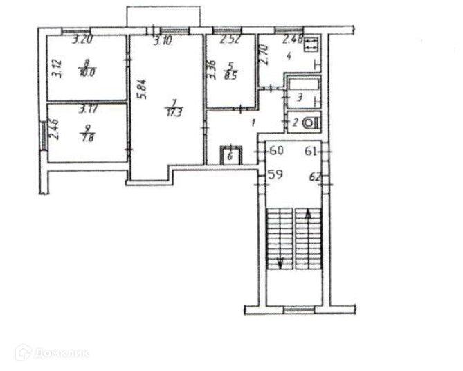 Продаётся 4-комнатная квартира, 59.5 м²