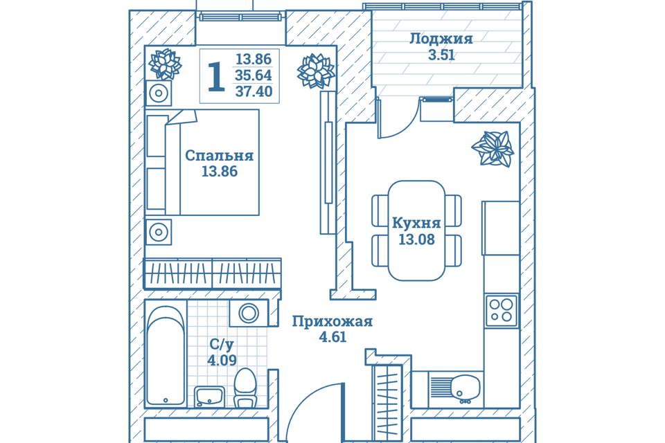 Продаётся 1-комнатная квартира, 37.8 м²