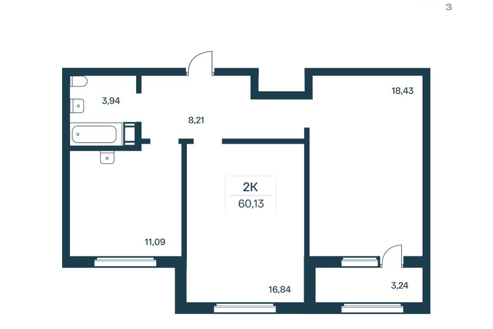 Продаётся 2-комнатная квартира, 59.1 м²
