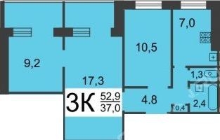 Продаётся 3-комнатная квартира, 52.6 м²