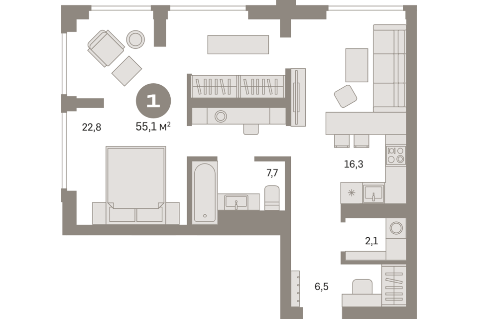 Продаётся 1-комнатная квартира, 55.1 м²