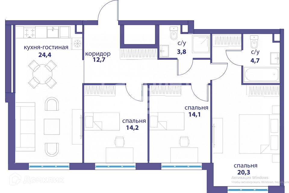 Продаётся 3-комнатная квартира, 94.2 м²