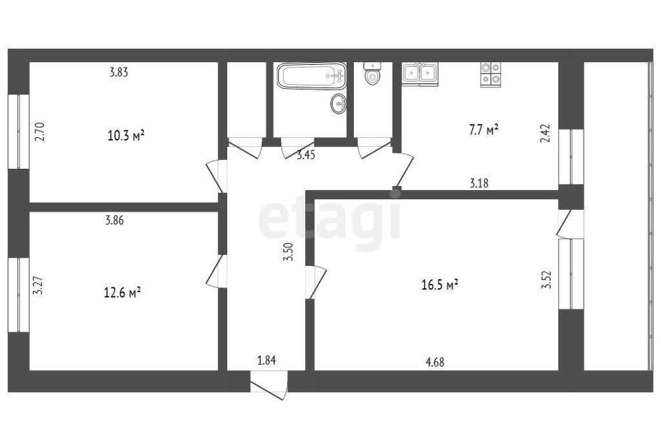 Продаётся 3-комнатная квартира, 61.4 м²