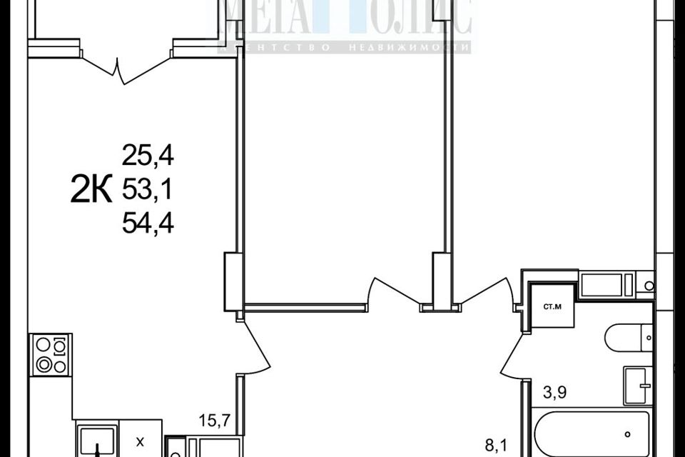 Продаётся 2-комнатная квартира, 54.5 м²