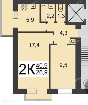 Продаётся 2-комнатная квартира, 40.9 м²