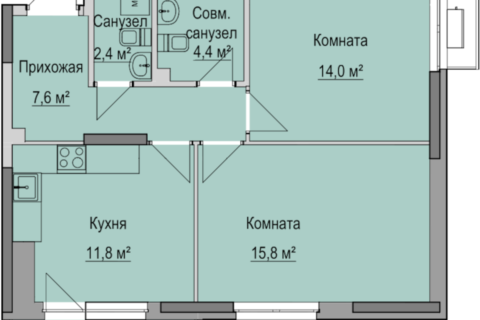 Продаётся 2-комнатная квартира, 57.1 м²
