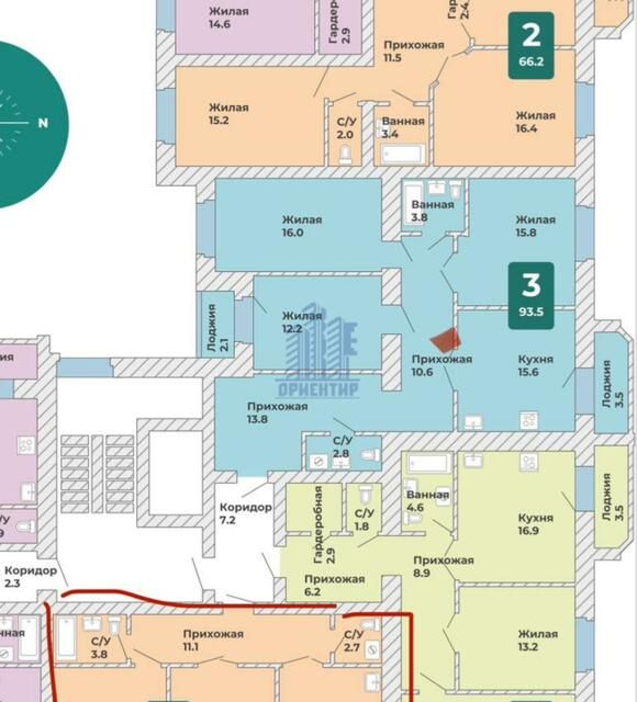 Продаётся 2-комнатная квартира, 61.6 м²