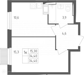 Продаётся 1-комнатная квартира, 34.4 м²