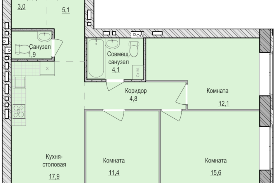 Продаётся 3-комнатная квартира, 75.9 м²
