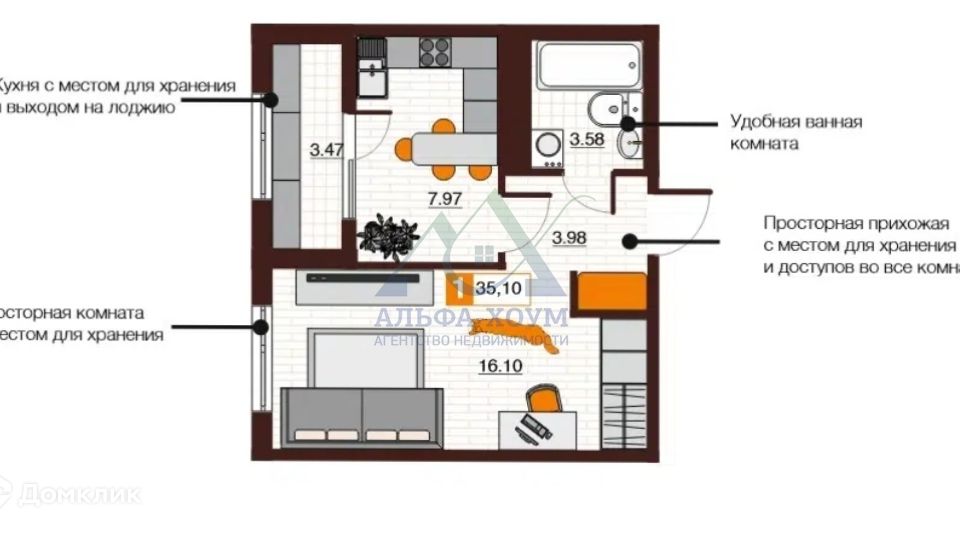 Продаётся 1-комнатная квартира, 35 м²
