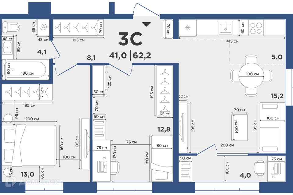 Продаётся 3-комнатная квартира, 57.5 м²