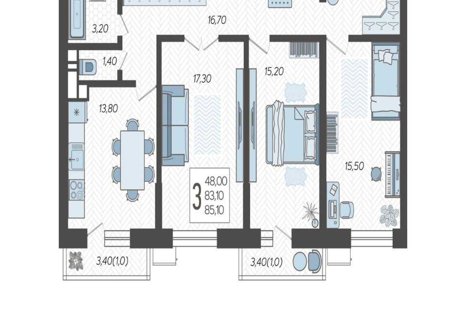 Продаётся 3-комнатная квартира, 85.1 м²